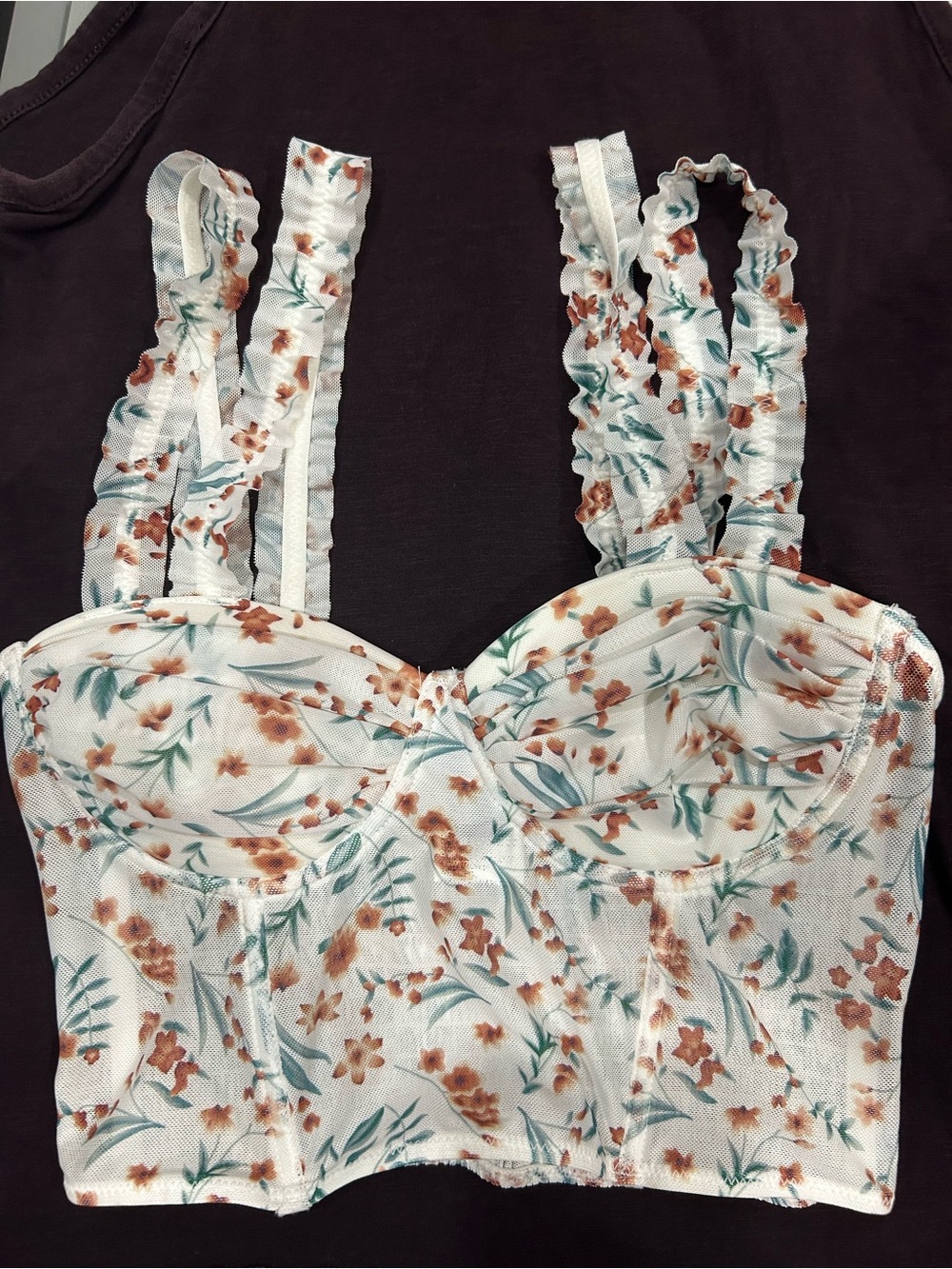 Floral Ruched-Strap Bustier Crop Top in White and Brown